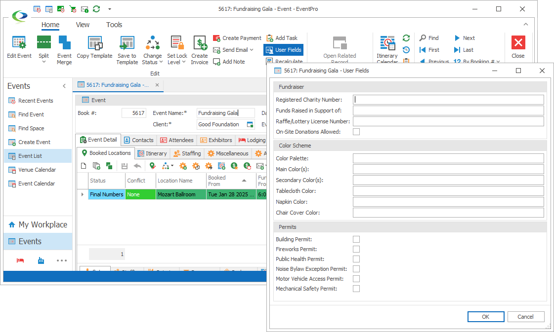 Screenshot of Event User Defined Fields not using tabs. 