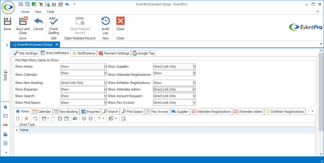 Screenshot of Area Definitions tab under EPConnect Setup Area. 