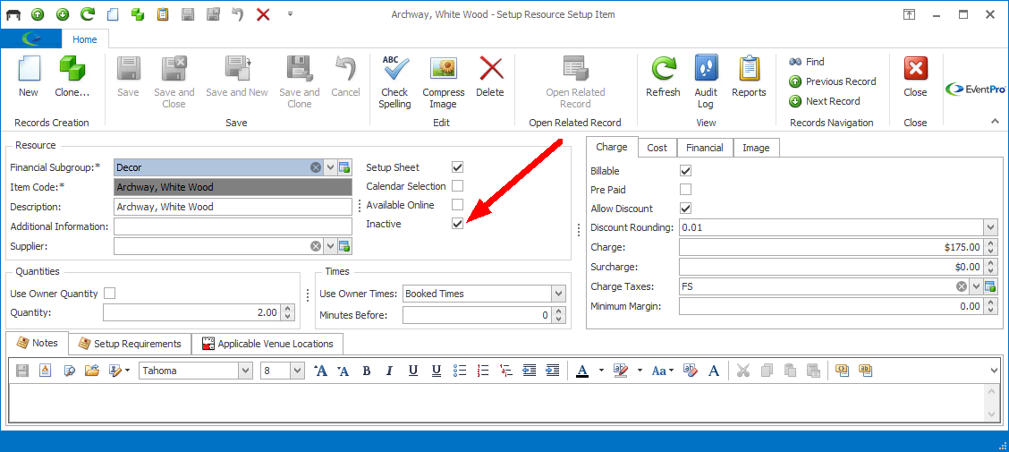 Screenshot of Setup Item edit form, pointing to Inactive checkbox. 