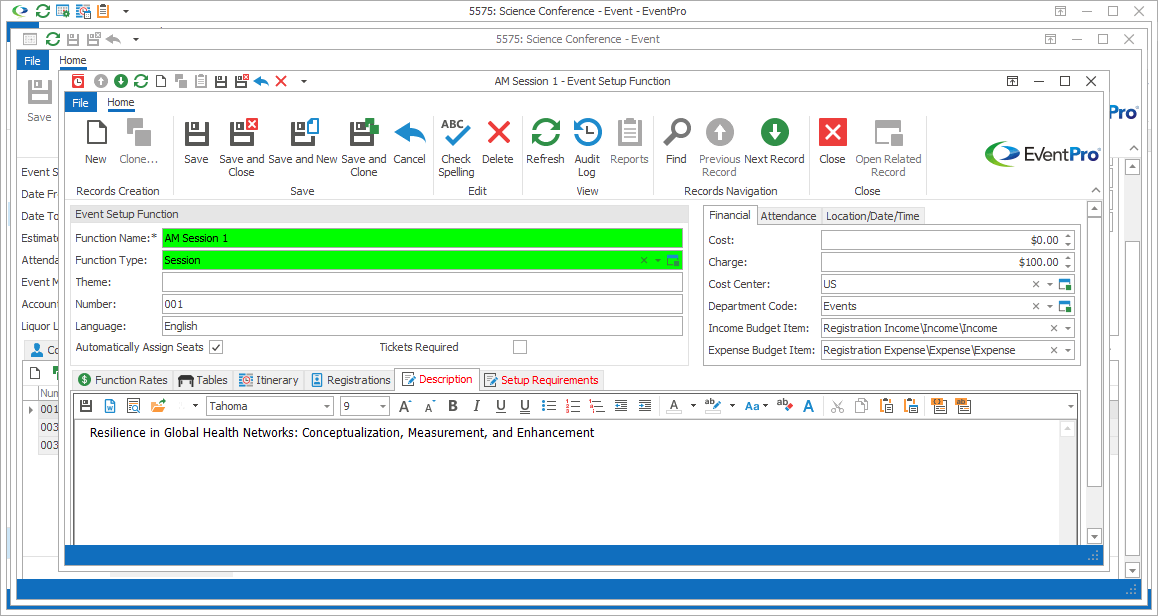Screenshot of Event Setup Function edit form opened to Description tab. 