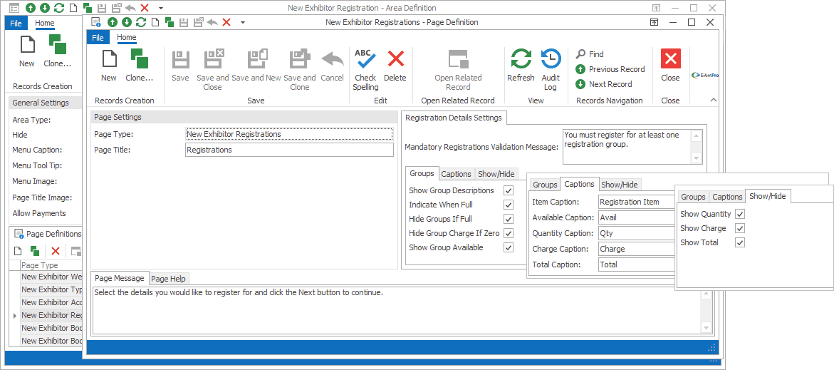 Screenshot of Registration Page Definition from Exhibitor New Registration Area Definition. 