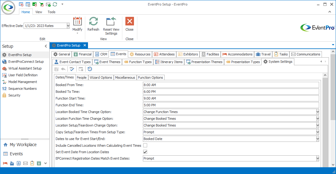Screenshot of Dates/Times tab of Events System Settings in Setup. 