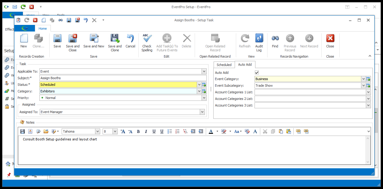 Screenshot of Setup Task edit form with text in Notes area. 