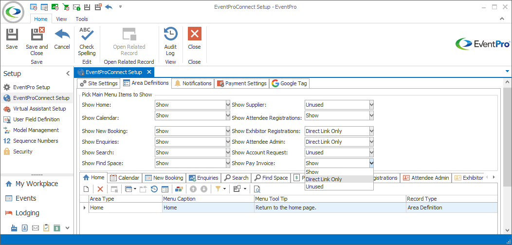 Screenshot of Area Definitions tab under EPConnect Setup Area, showing Main Menu Item selection. 