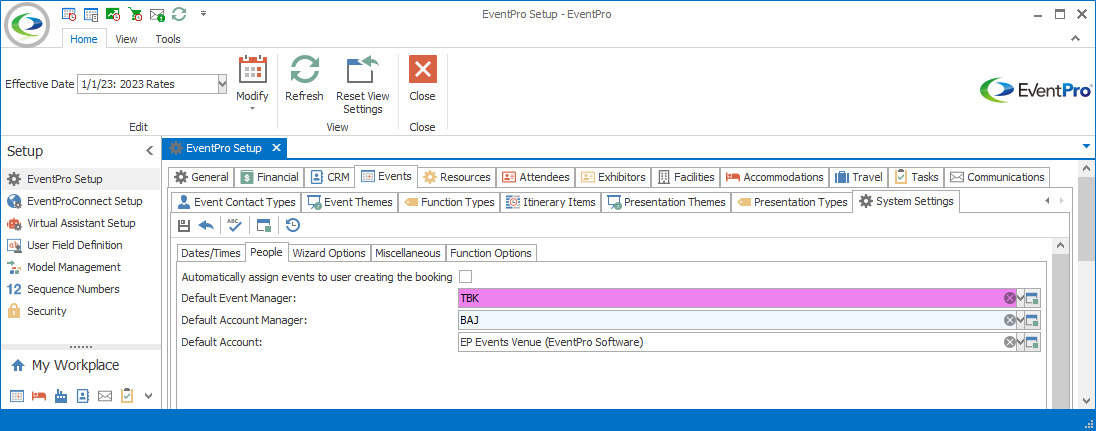 Screenshot of People tab of Events System Settings in Setup. 