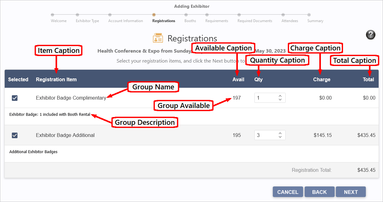 Sample exhibitor registration page in browser with components labelled. 