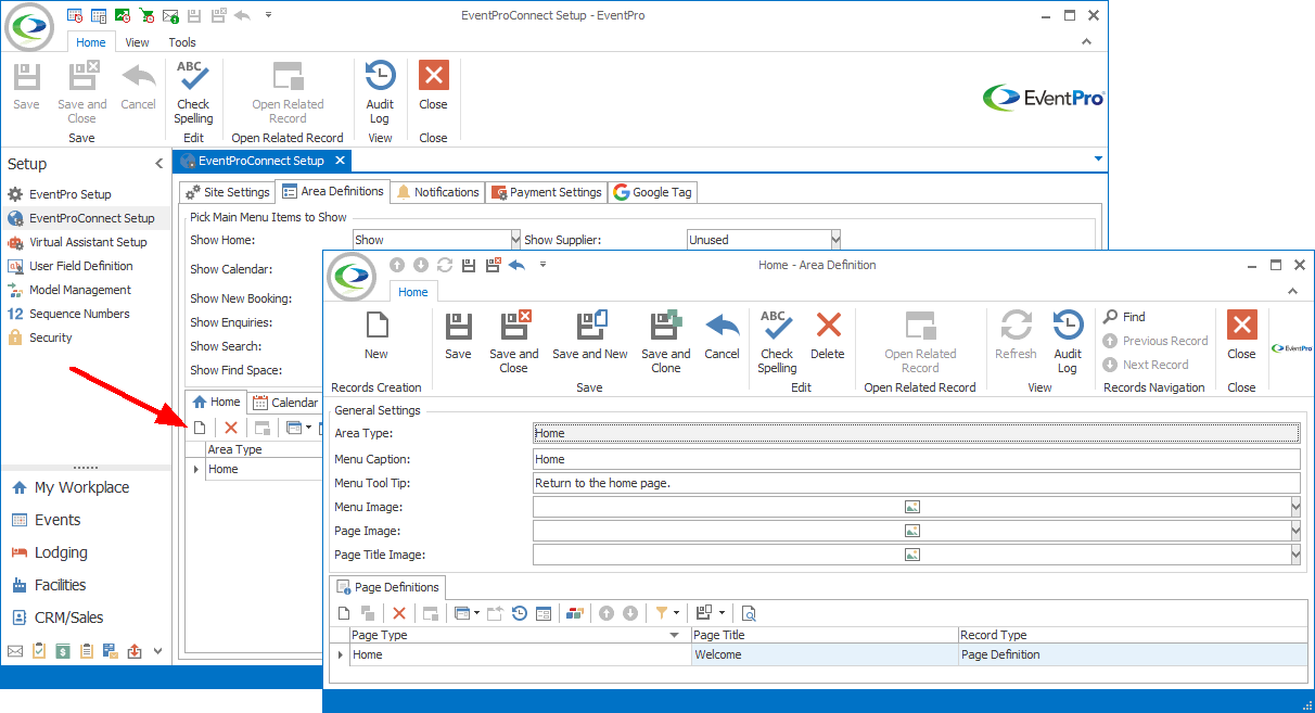 Screenshot of new Area Definition edit form started from EPConnect Setup. 