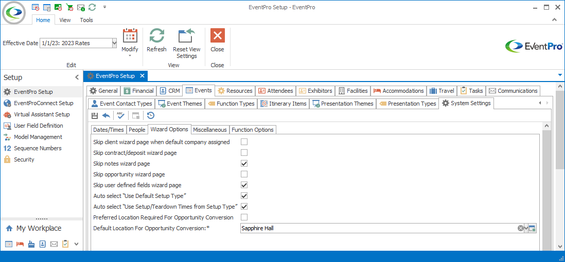 Screenshot of Wizard Options tab of Events System Settings in Setup. 