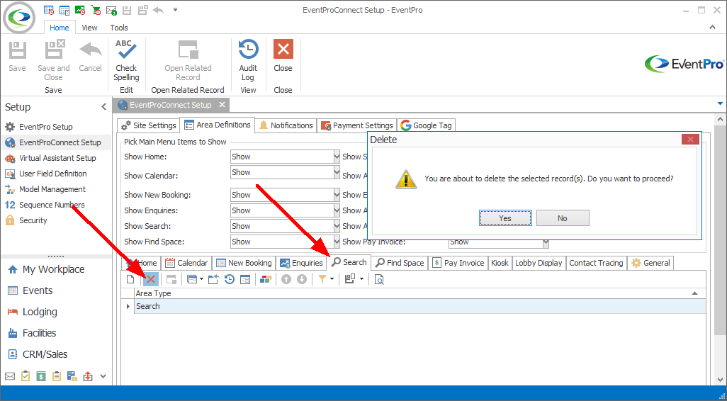 Screenshot of EPConnect Area Definitions tab, showing Delete confirmation dialog. 
