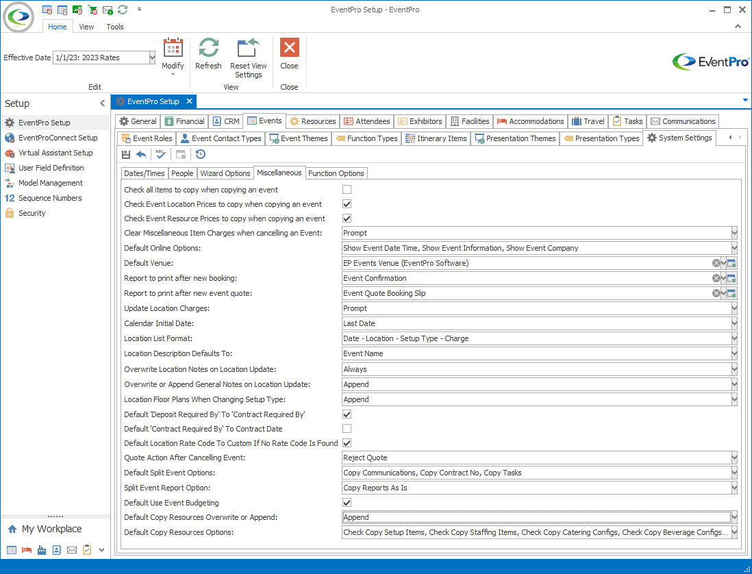 Screenshot of Miscellaneous tab of Events System Settings in Setup. 