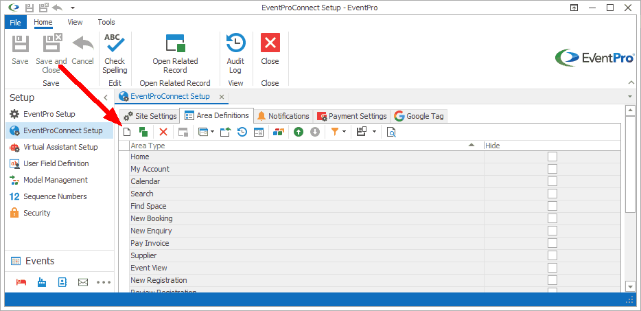 Screenshot of new Area Definition form opened from EPConnect setup area. 