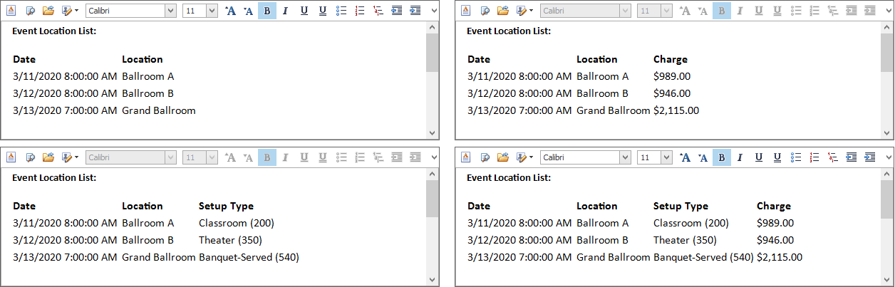 Examples of the four Location List Format settings when merged with data. 