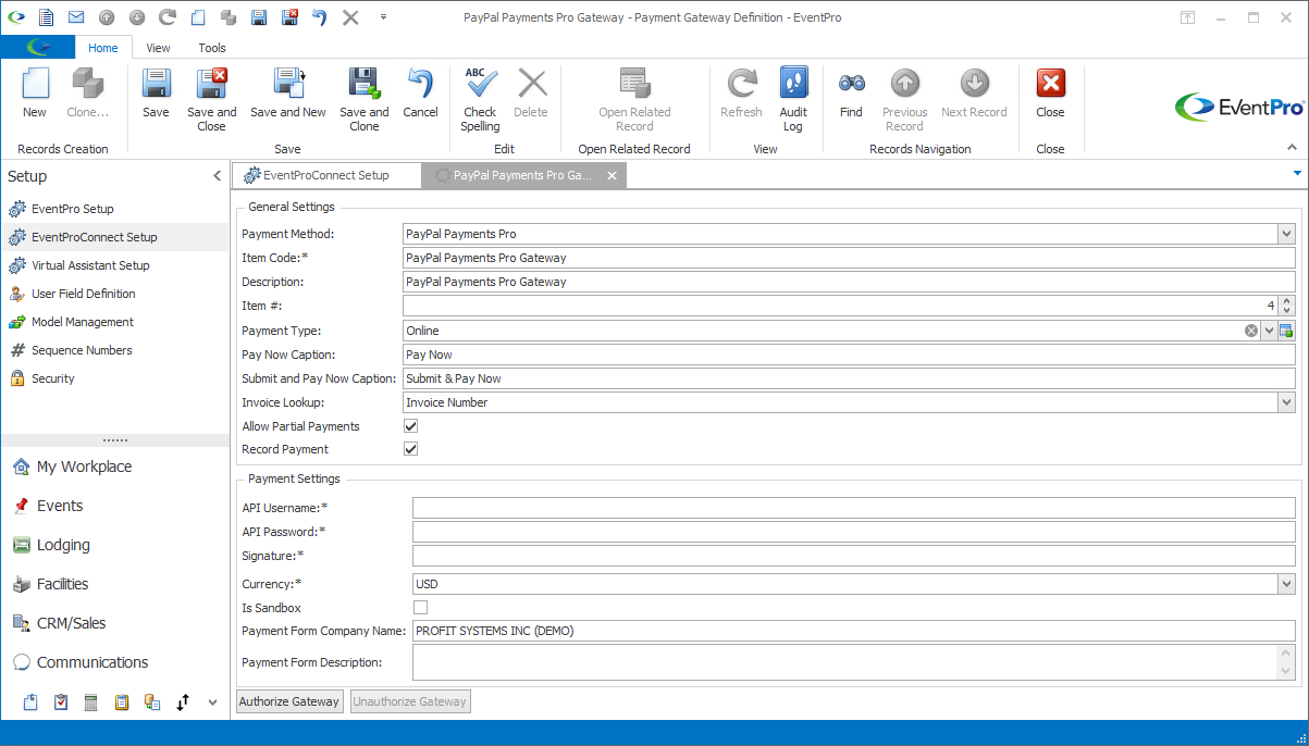 Payment Gateway Definition edit form for PayPal Payments Pro