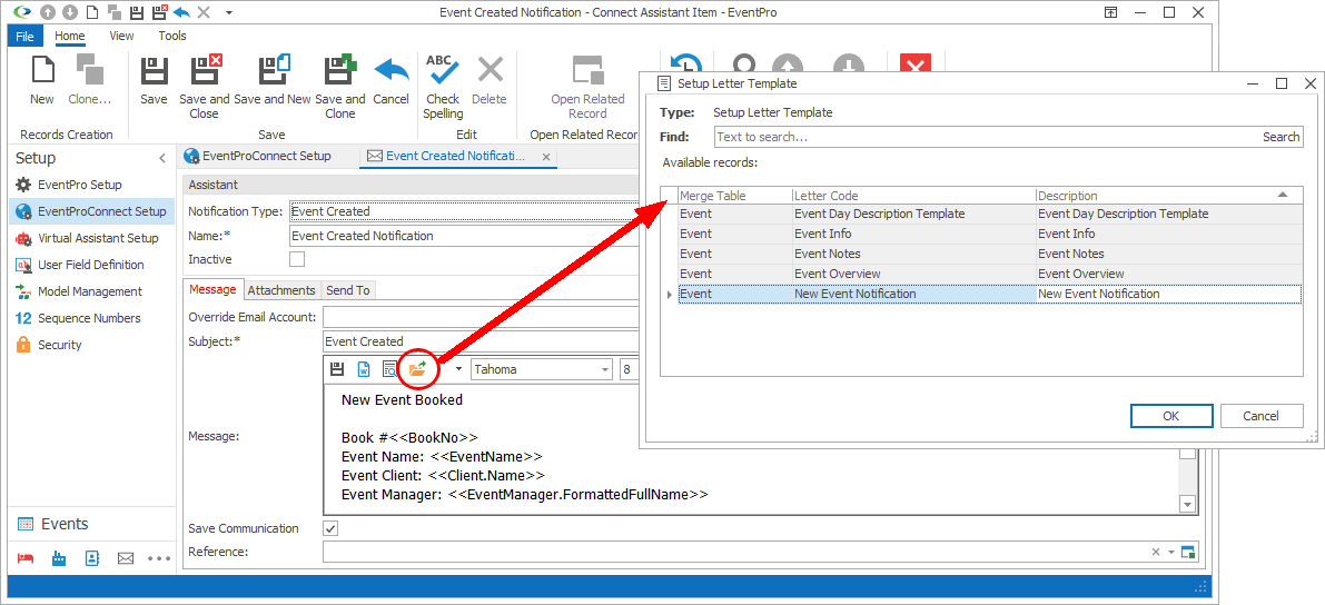 Screenshot of notification edit form and Setup Letter Template selection window. 