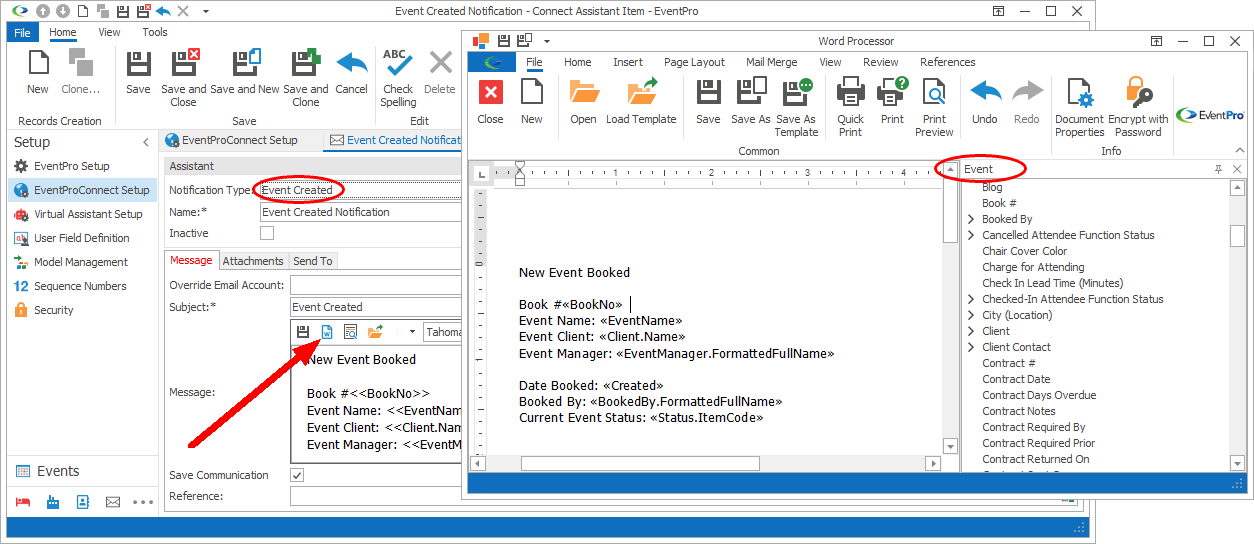 Screenshot of Word Processor opened from notification edit form. 