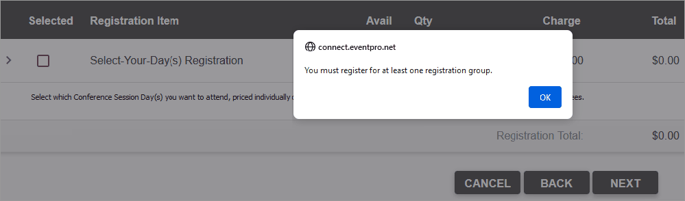 Sample attendee registration page in browser, displaying mandatory registration pop-up message. 
