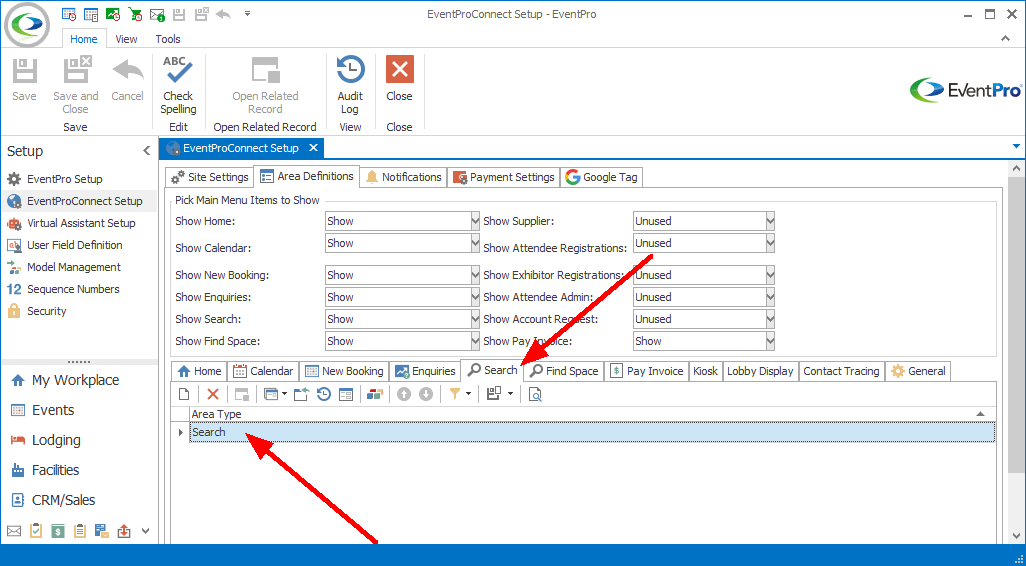 Screenshot of EPConnect Setup Area Definitions tab, pointing to Area Definition record under a sub-tab. 