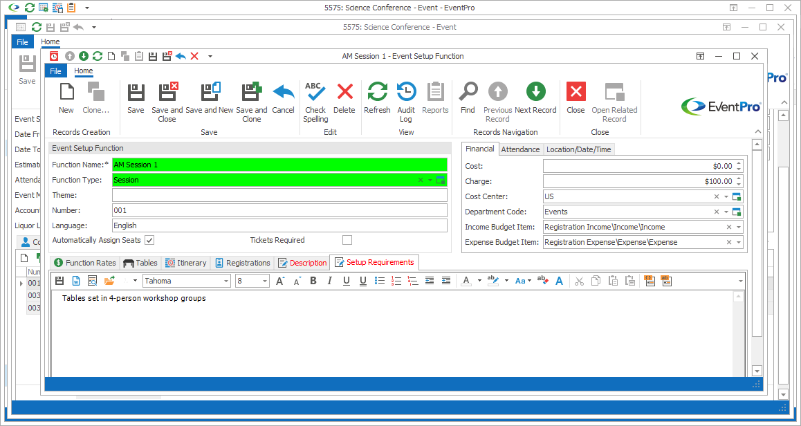 Screenshot of Event Setup Function edit form opened to Setup Requirements tab. 