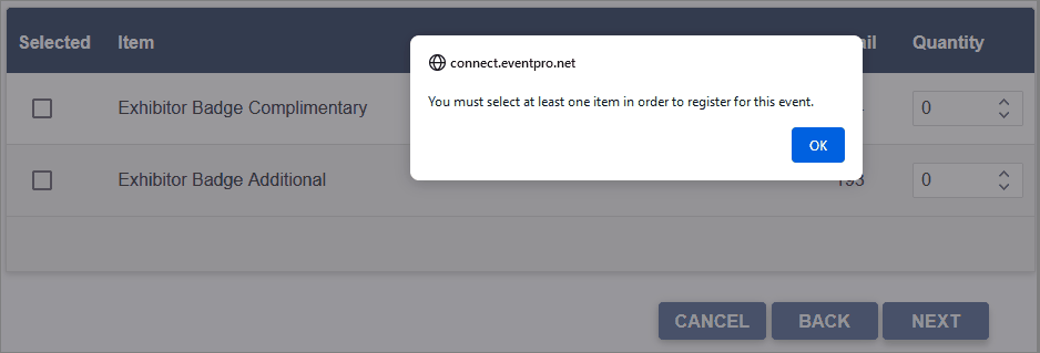 Sample exhibitor registration page in browser, displaying mandatory registration pop-up message. 