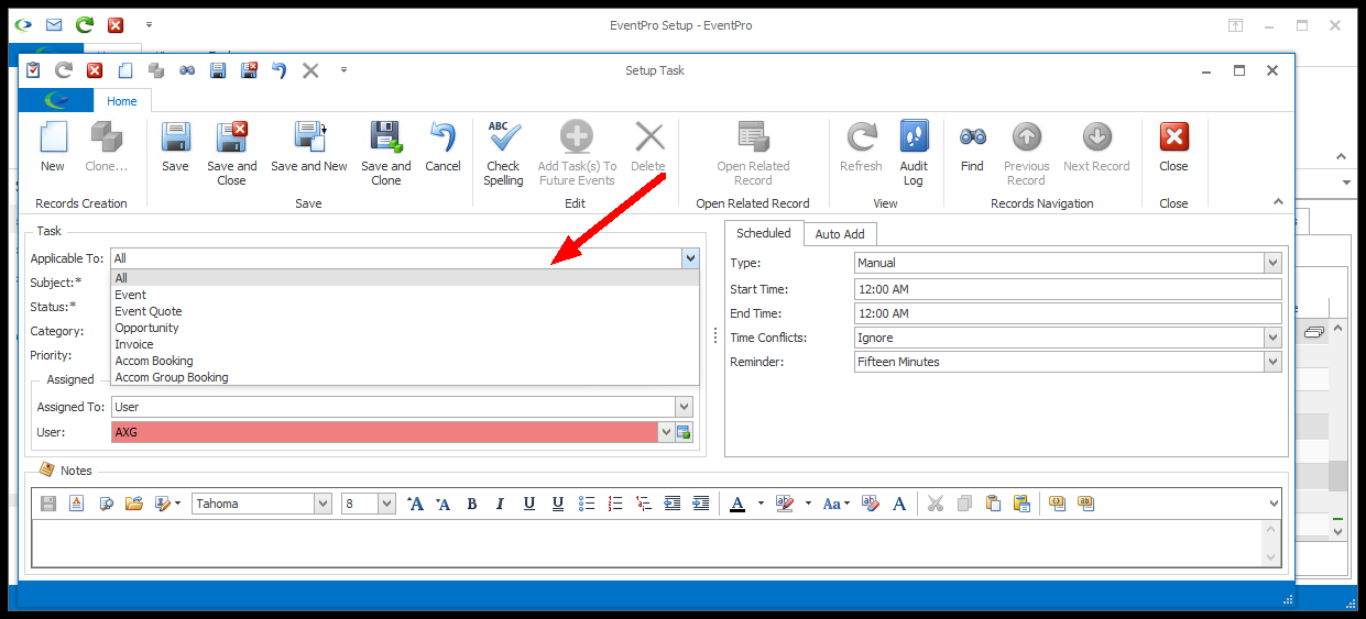 Screenshot of Setup Task edit form, pointing to Applicable To drop-down list. 