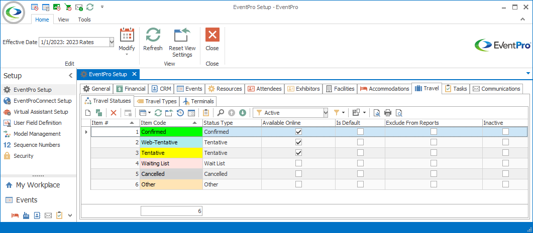 Screenshot of Travel Statuses tab in EventPro Setup. 