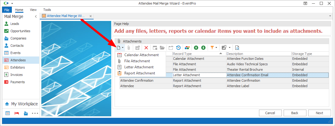 Screenshot of Mail Merge Wizard attachments page, selecting attachment type. 