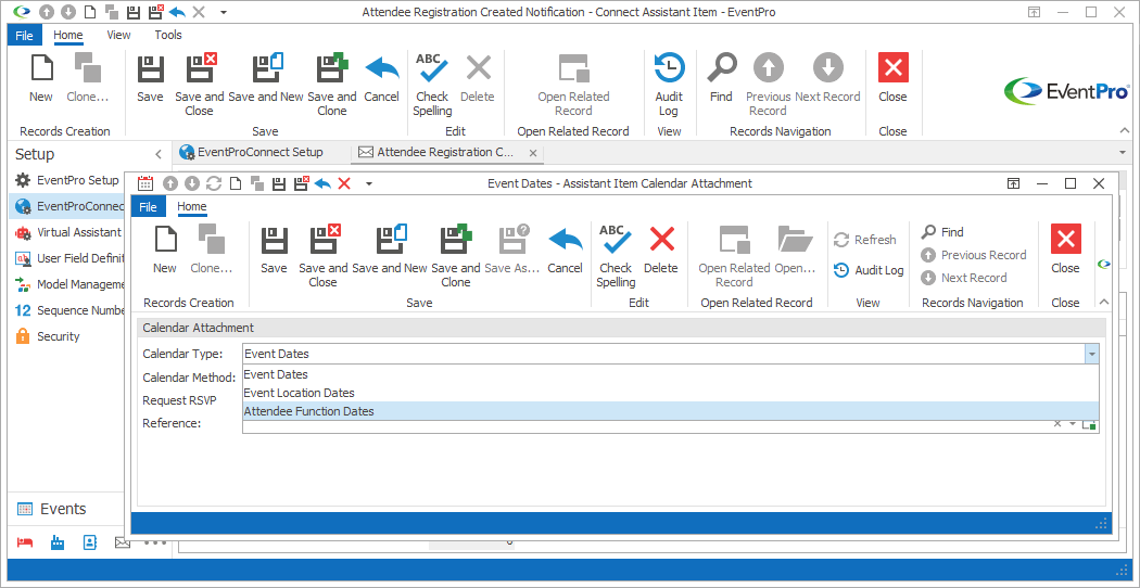 Screenshot of Calendar Attachment edit form, displaying Calendar Type drop-down list. 