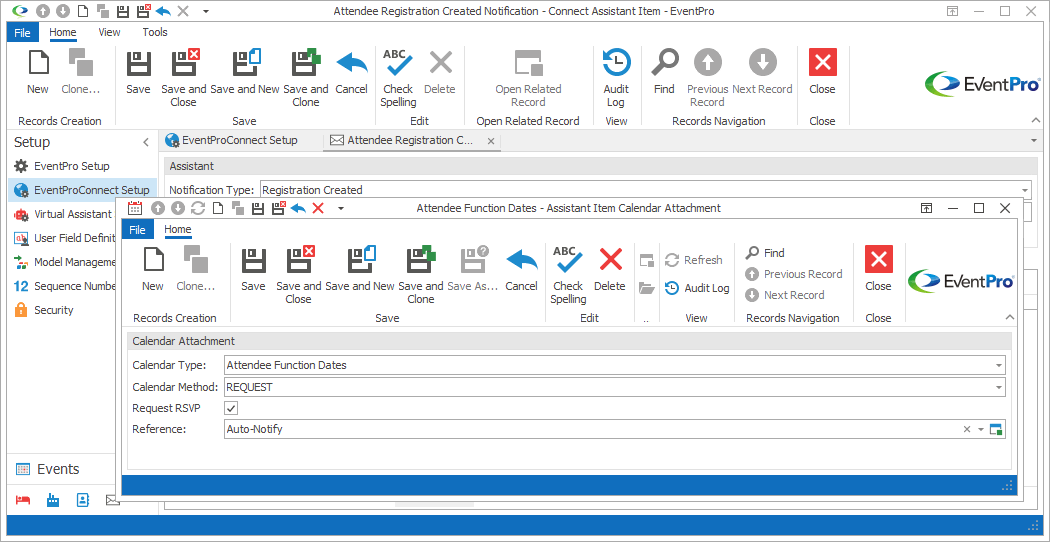 Calendar Attachment edit form opened from Assistant Item Notification. 