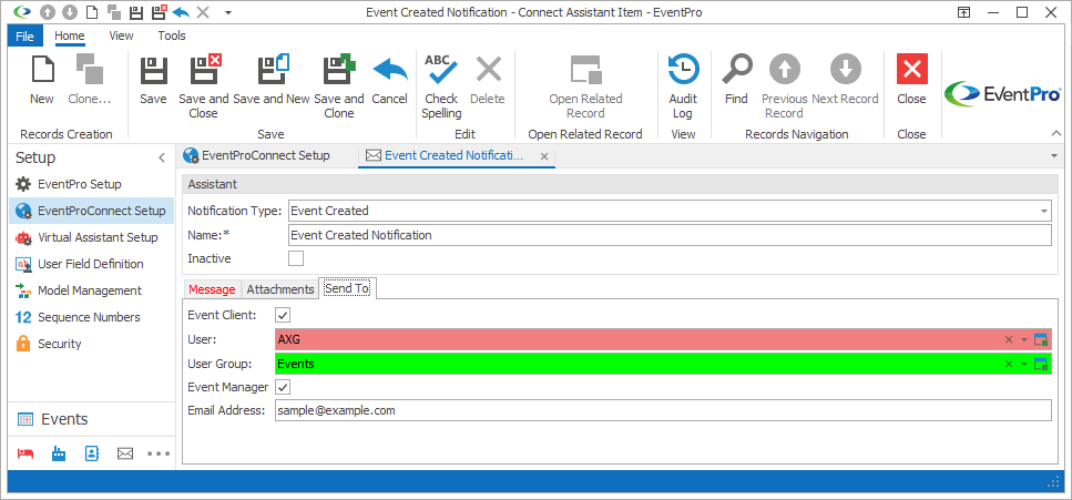 Screenshot of notification edit form, viewing Send To tab. 