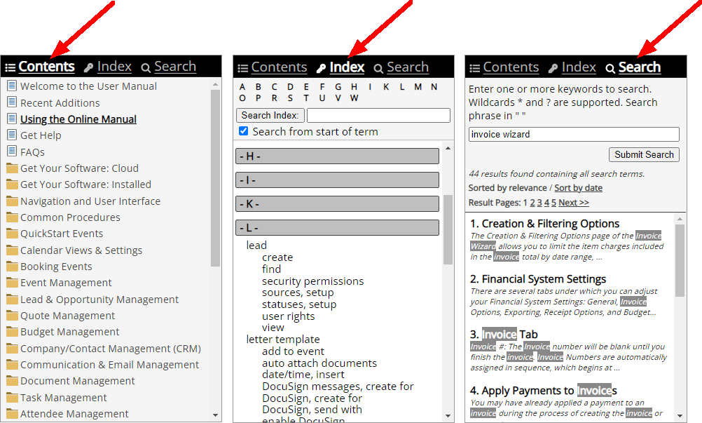 Contents, Index, and Search navigation panes