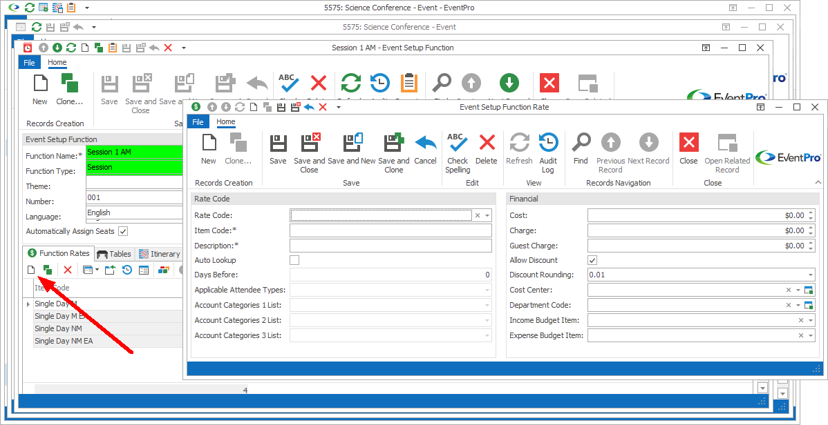 Screenshot of Event Setup Function Rate edit form. 