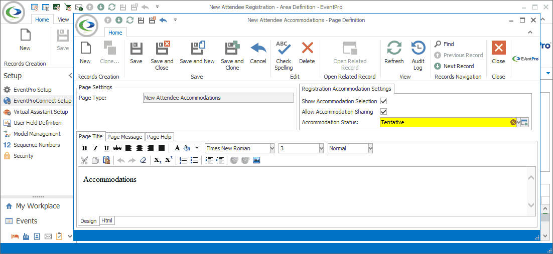 Screenshot of New Attendee Accommodations Page Definition edit form. 