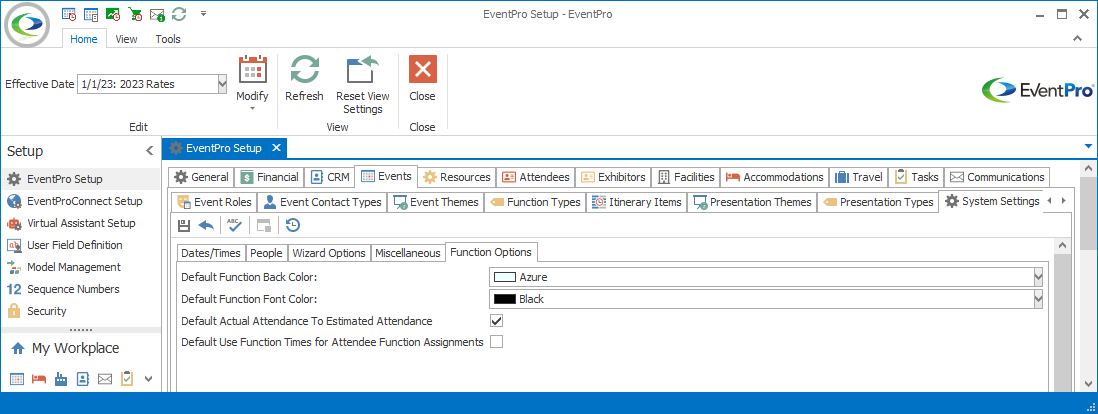 Screenshot of Function Options tab of Events System Settings in Setup. 