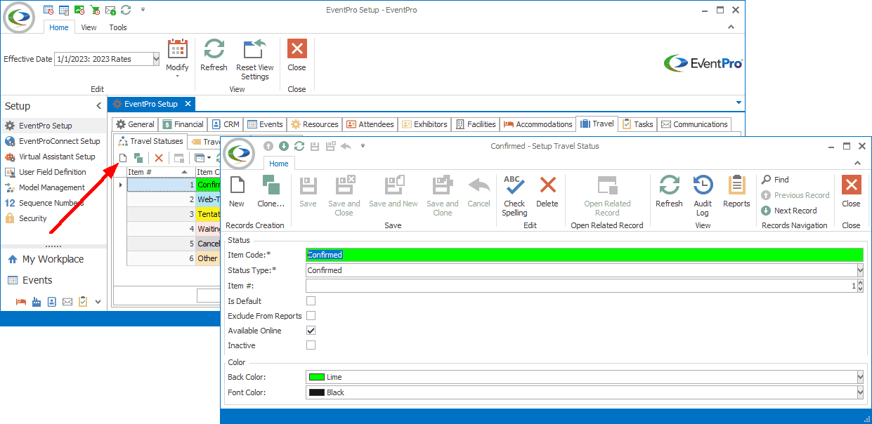 Screenshot of Setup Travel Status edit form, opened from Travel tab of EventPro Setup. 