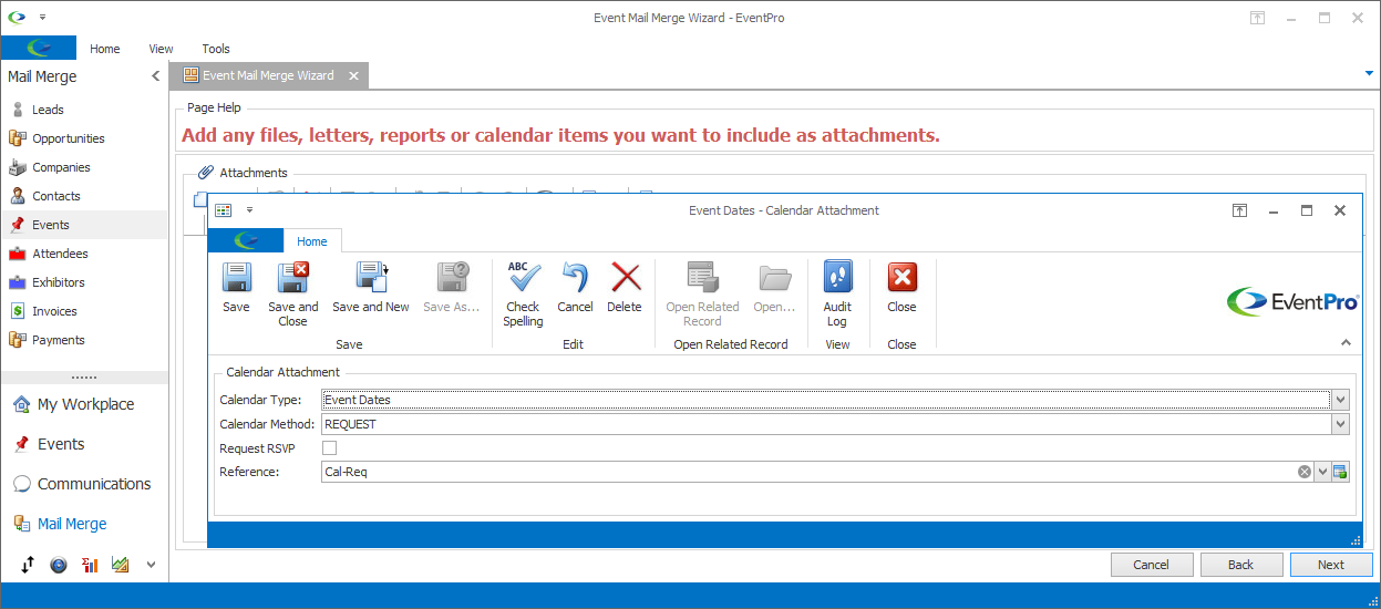 Screenshot of Calendar Attachment window opened from Mail Merge Wizard. 