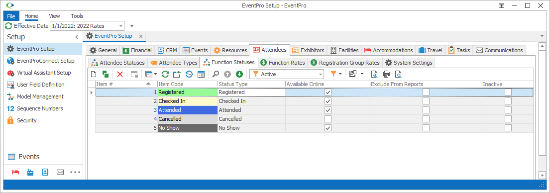 Screenshot of Function Statuses tab under Attendees in EventPro Setup. 