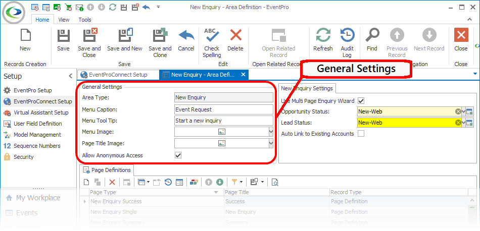 Screenshot of Area Definition edit form, pointing to General Settings. 