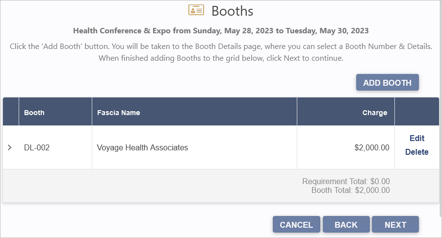 Sample Exhibitor Booths page viewed in browser, with booth and details added to grid. 