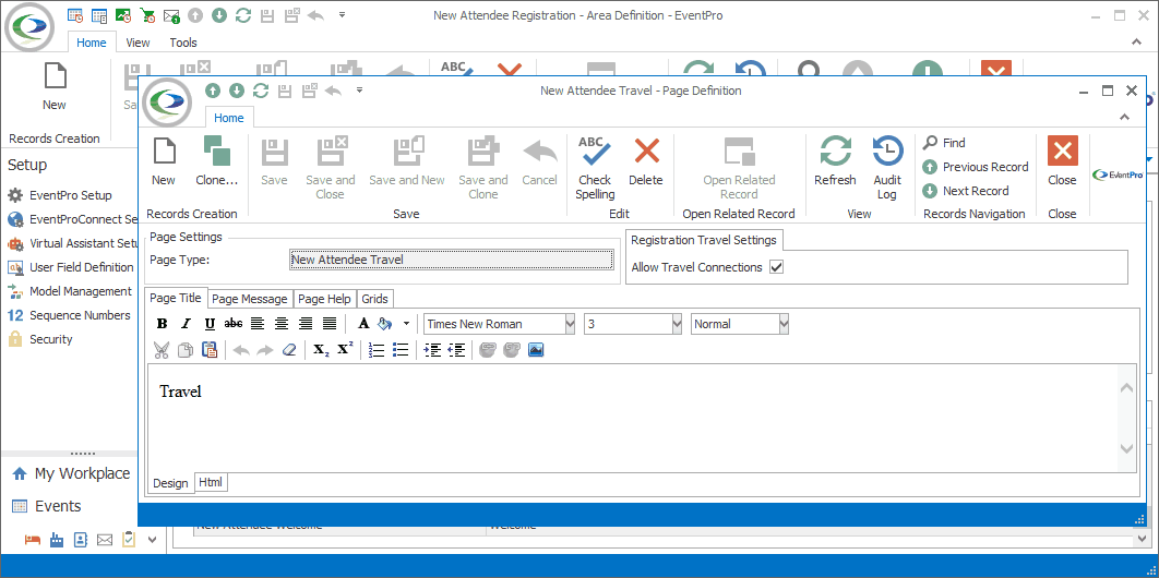Screenshot of New Attendee Travel Page Definition edit form. 