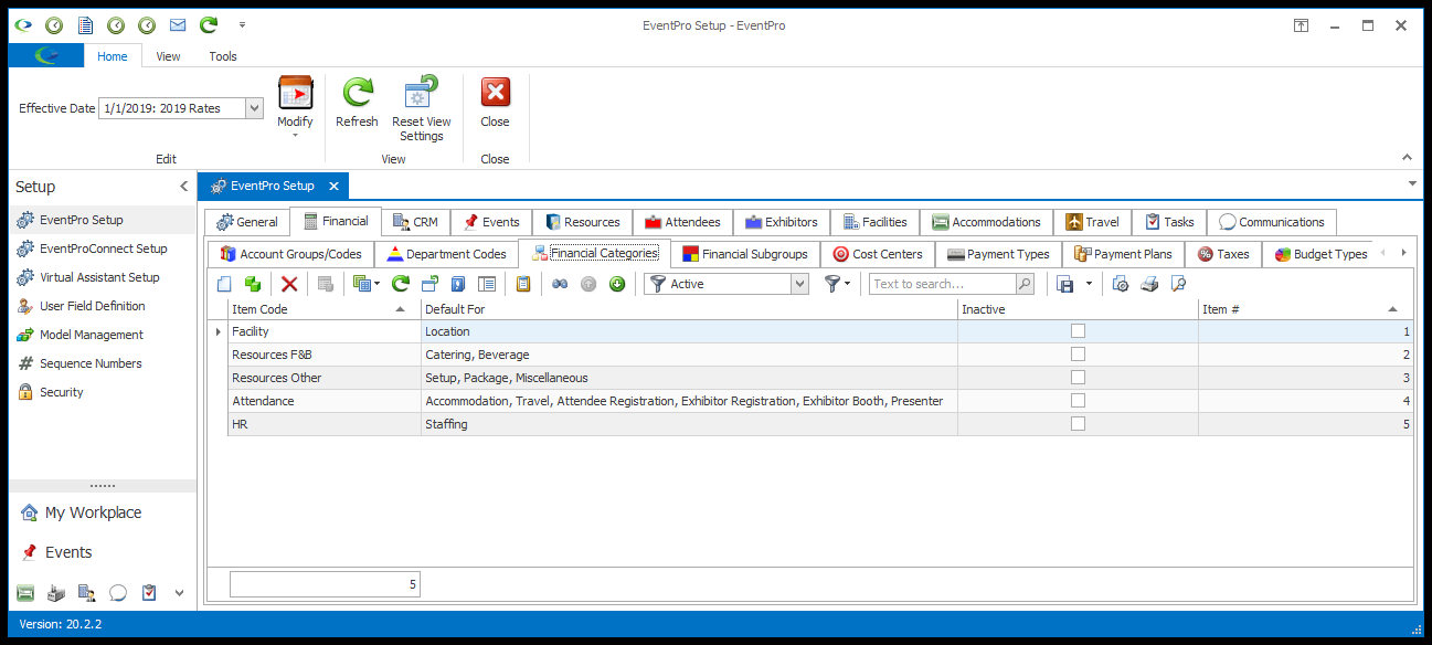 EventPro Setup > Financial > Financial Categories