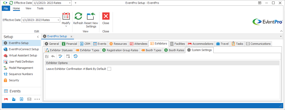Screenshot of EventPro Setup opened to Exhibitor System Settings tab. 