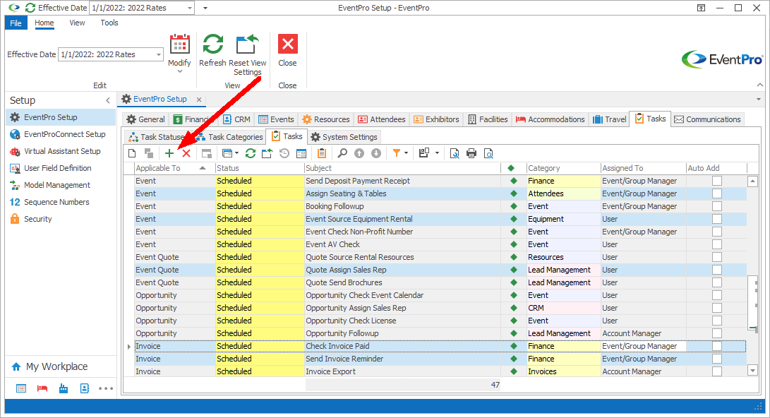 Screenshot of Setup Task selection grid, pointing to Add Tasks to Future Items command. 