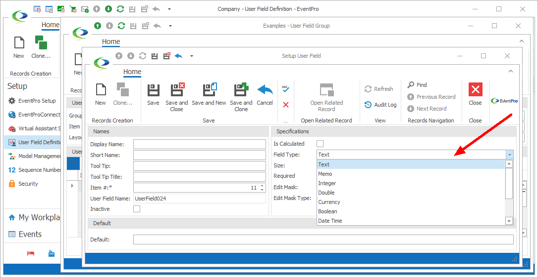 Screenshot of Setup User Field edit form, displaying options in Field Type drop-down list. 