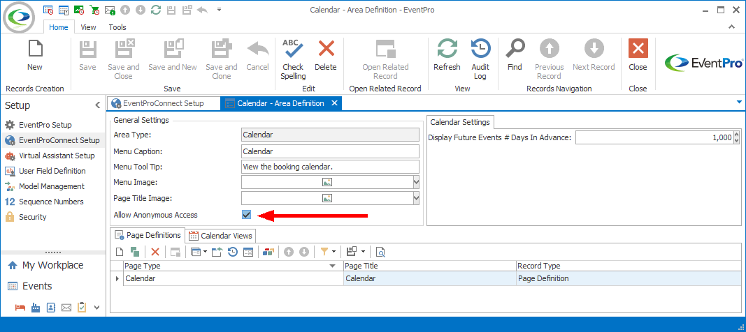 Screenshot of Area Definition edit form, pointing to Allow Anonymous Access setting. 