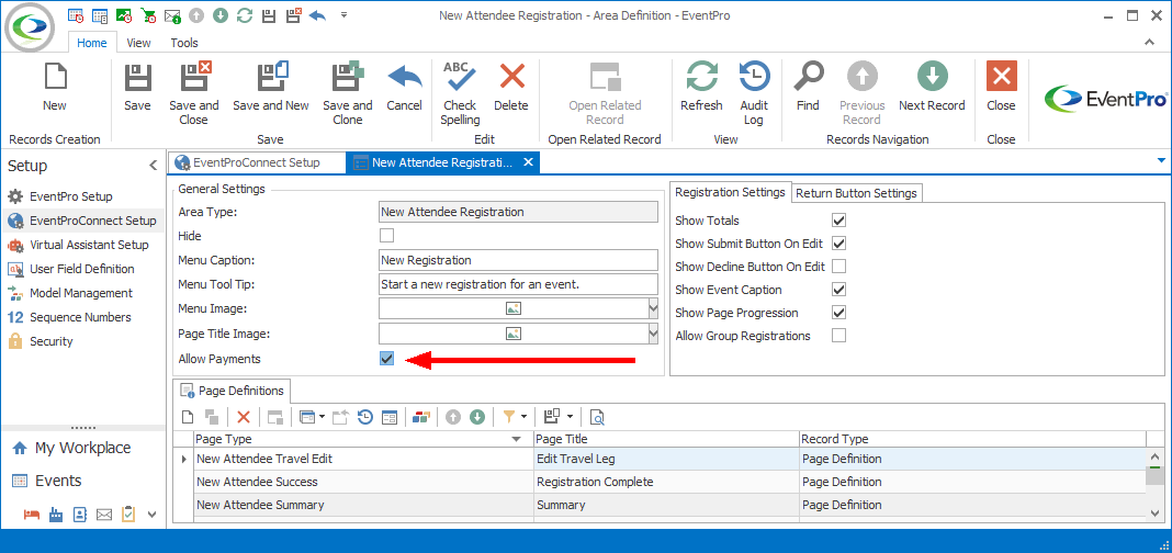 Screenshot of Area Definition edit form, pointing to Allow Payments setting. 