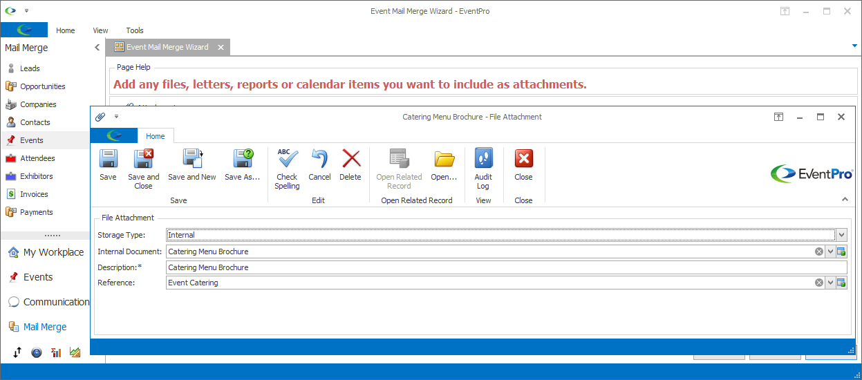 Screenshot of File Attachment window opened from Event Mail Merge Wizard. 