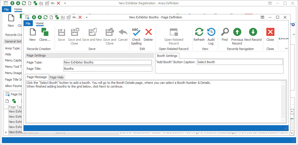 Screenshot of Booths Page Definition from Exhibitor New Registration Area Definition. 