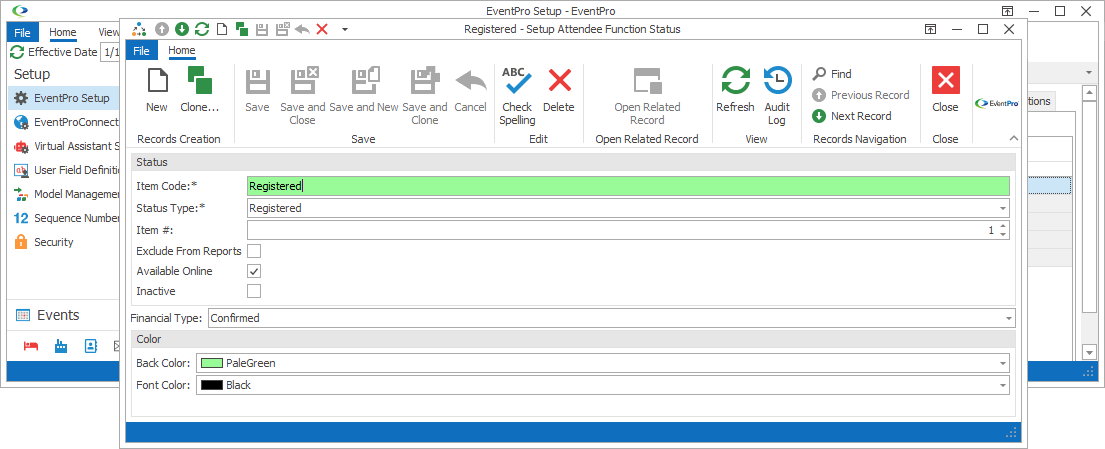 Screenshot of Setup Attendee Function Status edit form. 