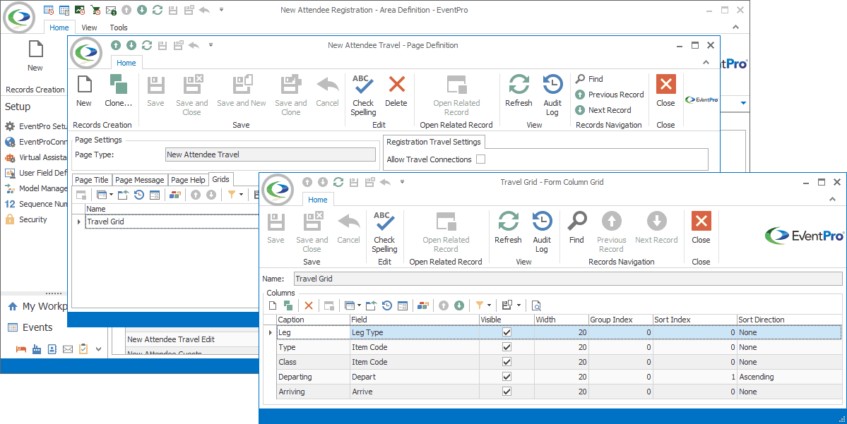 Screenshot of Grid edit form opened from New Attendee Travel Page Definition edit form. 