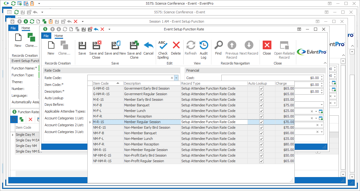 Screenshot of Event Setup Function Rate edit form with Rate Code drop-down list opened. 